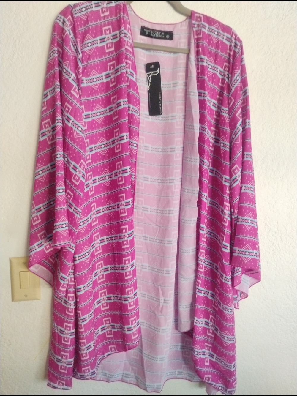 Lucky & Blessed Pink Geometric Open-Front Kimono Cardigan